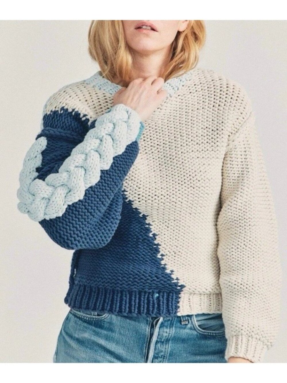 LoveShackFancy Women's Isiah Chunky Sweater Size Large Pullover Beige Blue $595